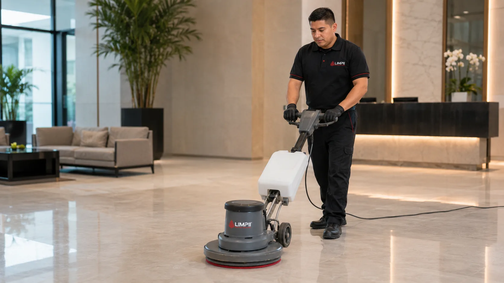 Operario LIMPII realizando mantención de piso en edificio corporativo