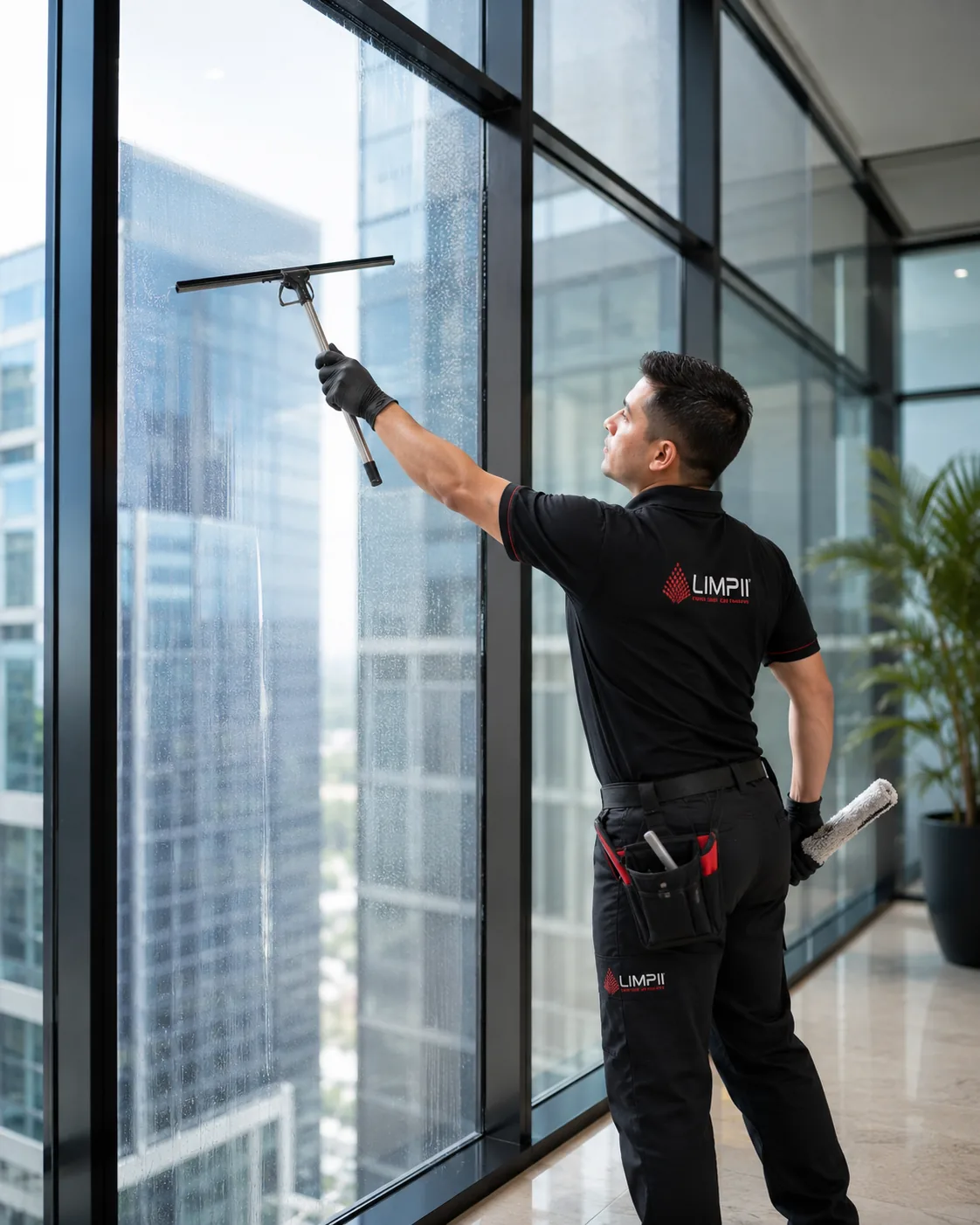 Limpieza de vidrios interiores en edificio corporativo
